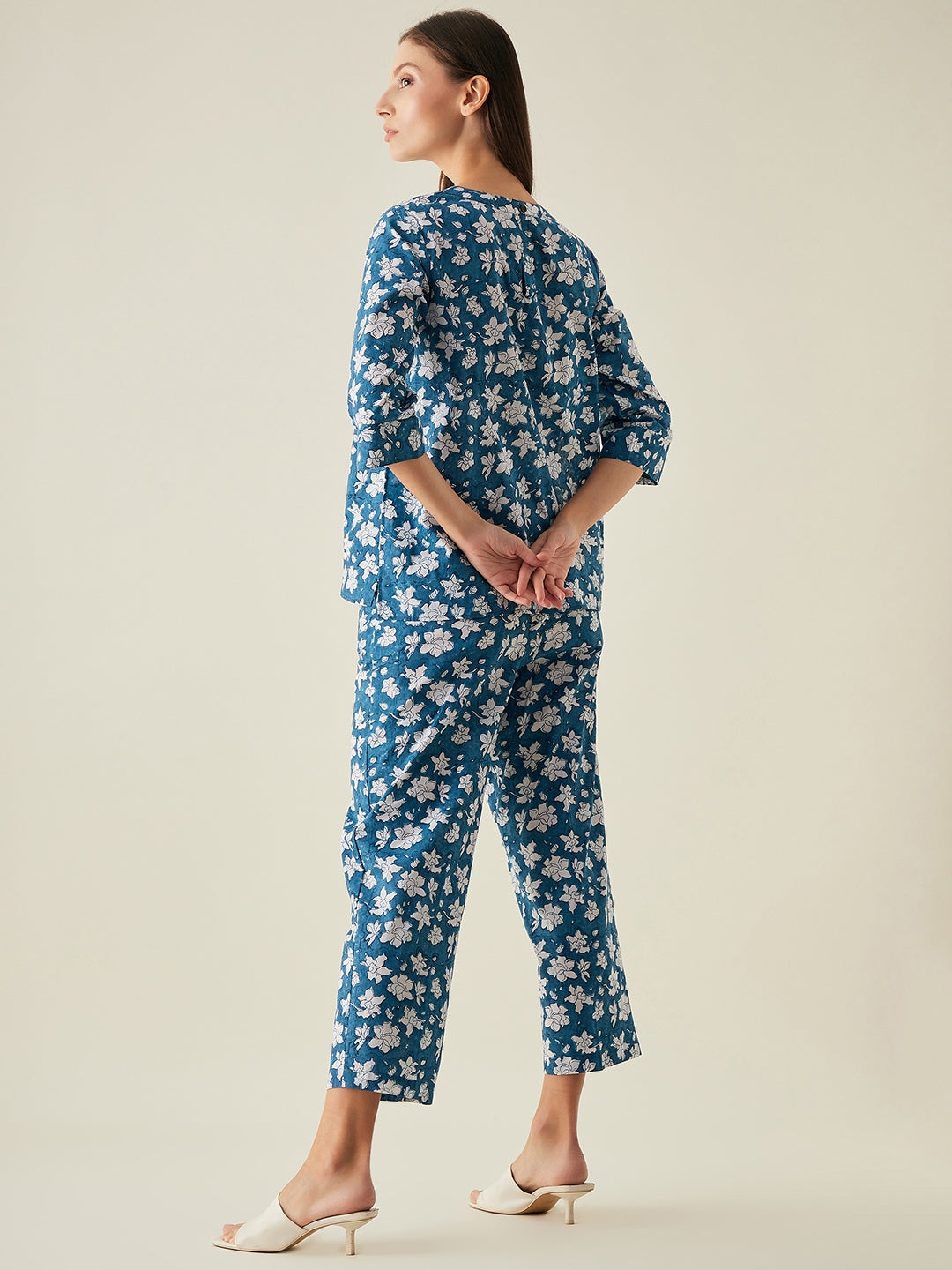 Set of 2- Blue and White Tunic and Pants Set in Cotton