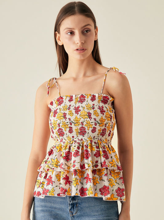 Smocked tiered top with spaghetti straps | Red, yellow, white