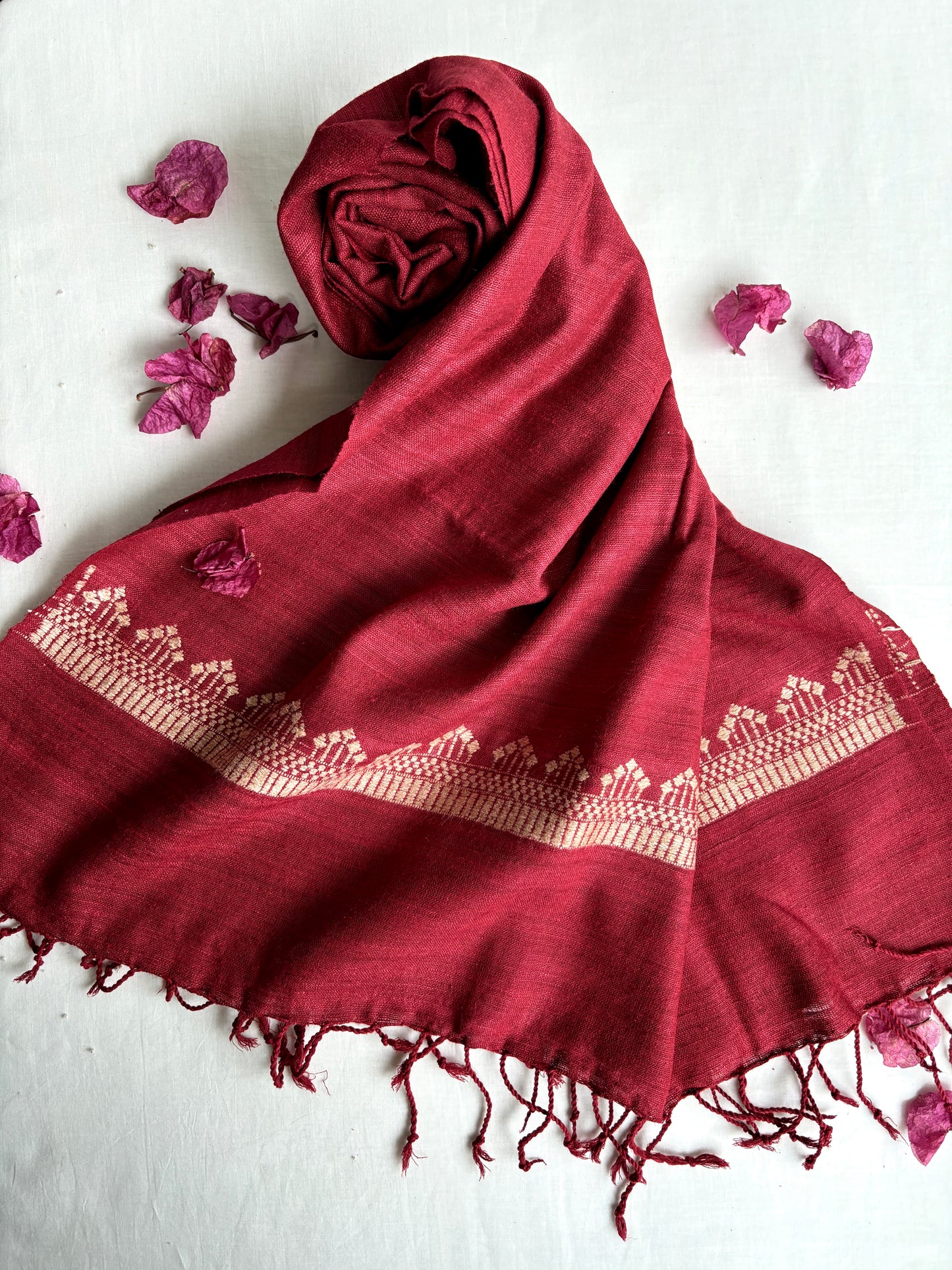 Ahimsa Silk Stole in Red with Beige Border | Natural Dyes
