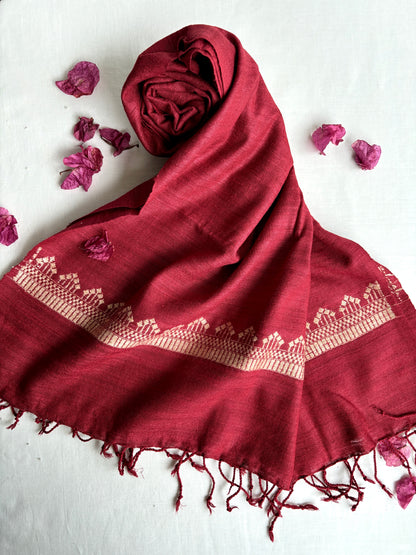 Ahimsa Silk Stole in Red with Beige Border | Natural Dyes