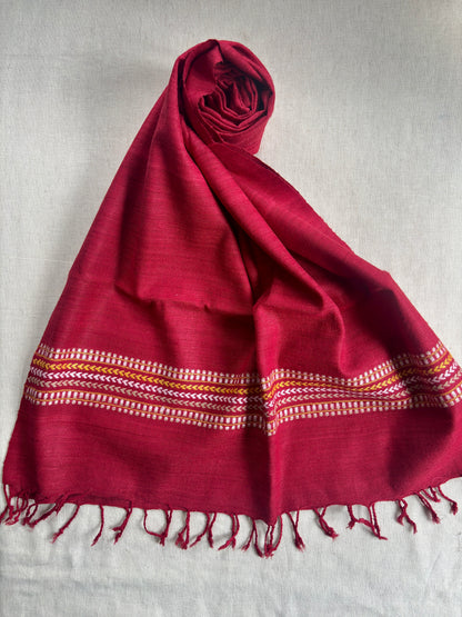 Ahimsa Silk Scarf in red with multicoloured striped border