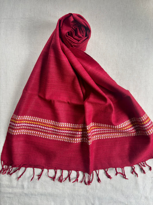 Ahimsa Silk Scarf in red with multicoloured striped border