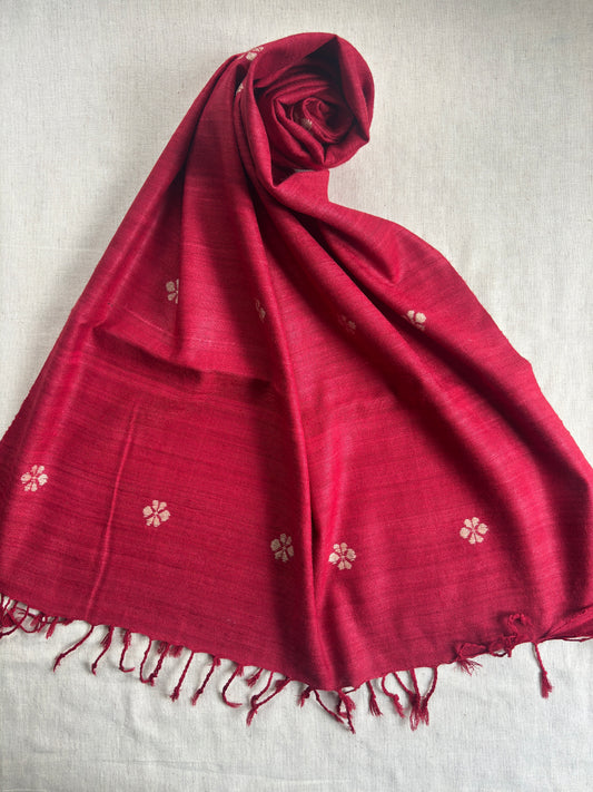 Ahimsa Silk Stole in Red with Beige Flower motifs | Natural Dyes