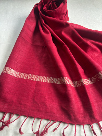 Ahimsa Silk Stole in Red with Beige Geometric Border | Natural Dyes