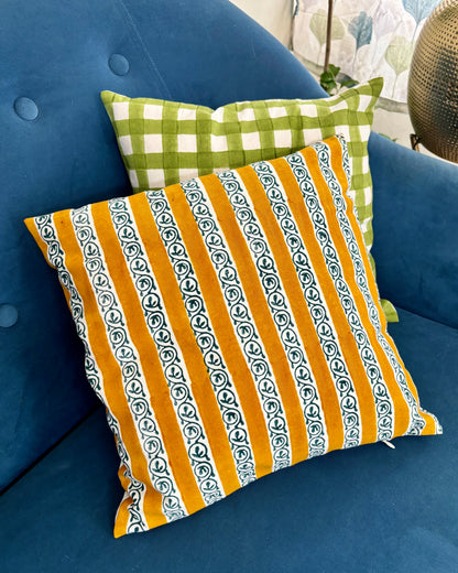 Cotton Cushion Cover | Floral & Geometric Print | Mustard Yellow & Blue