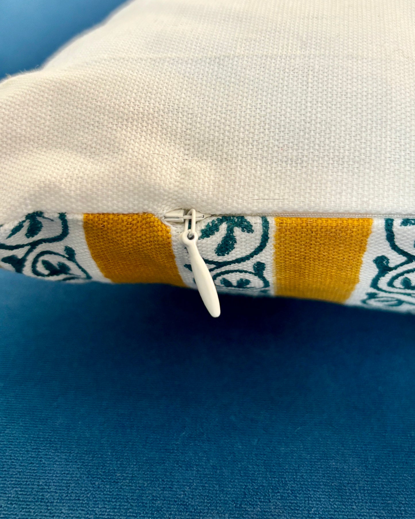 Cotton Cushion Cover | Floral & Geometric Print | Mustard Yellow & Blue