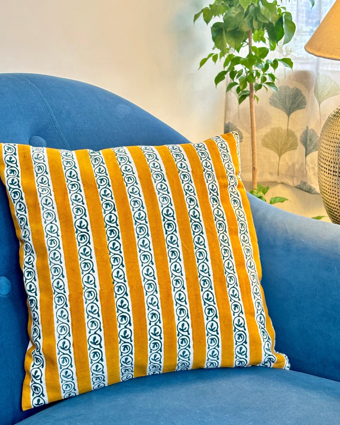 Cotton Cushion Cover | Floral & Geometric Print | Mustard Yellow & Blue