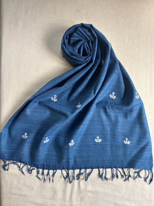 Blue Ahimsa Silk Scarf with White Motifs | Indigo Dyes