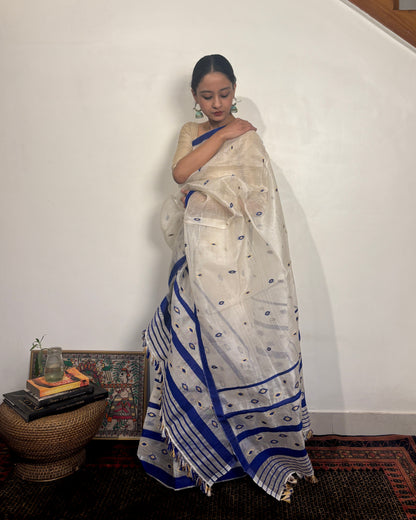 Pure Raw Silk Mekhela Sador | White with Blue & Gold Motifs