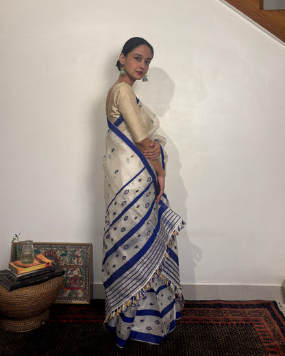 Pure Raw Silk Mekhela Sador | White with Blue & Gold Motifs