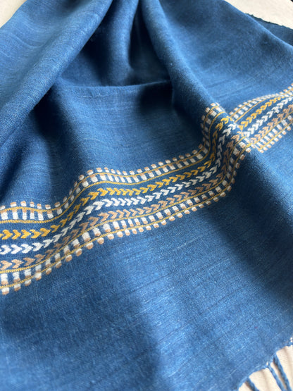 Blue Ahimsa Silk Scarf with Striped Arrow Border | Indigo Dyes