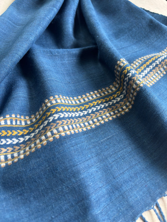 Blue Ahimsa Silk Scarf with Striped Arrow Border | Indigo Dyes