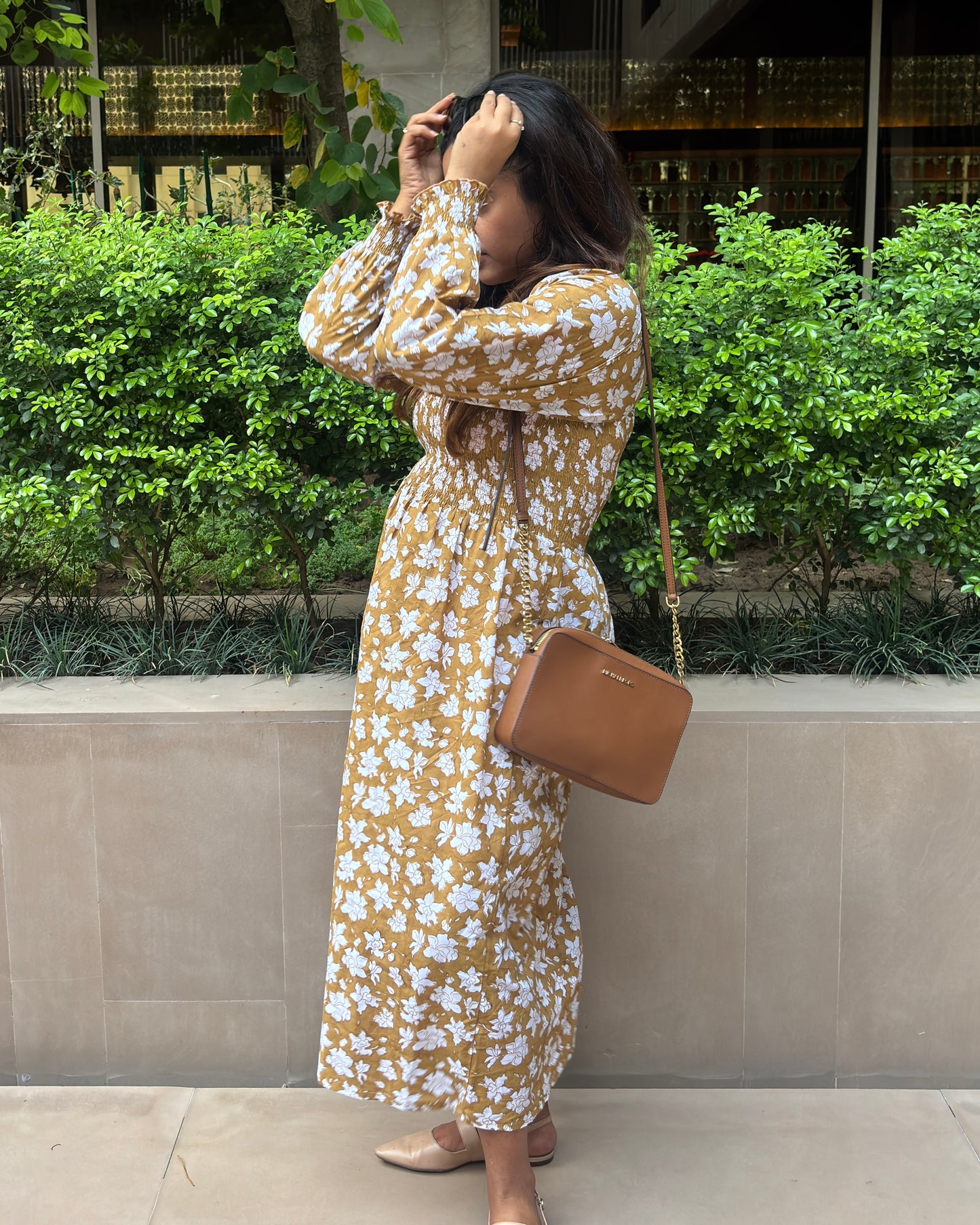 Caramel Brown Floral Cotton Dress with Smocked Sleeves and Puff Sleeves