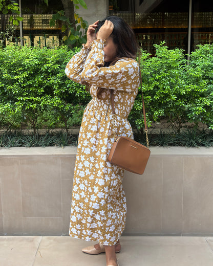 Caramel Brown Floral Cotton Dress with Smocked Sleeves and Puff Sleeves