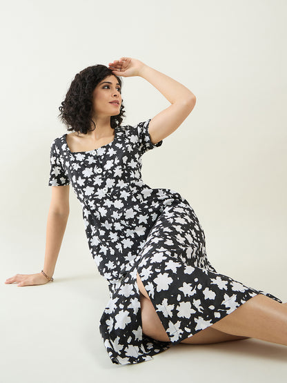 A-line Midi Dress with Side Pocket for Women | Monochrome