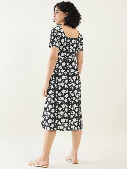 A-line Midi Dress with Side Pocket for Women | Monochrome