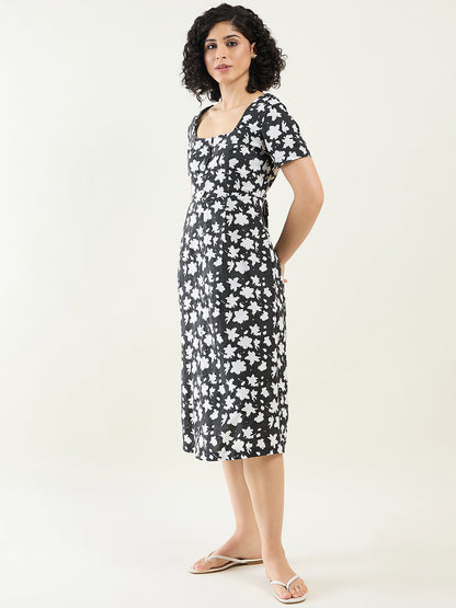 A-line Midi Dress with Side Pocket for Women | Monochrome