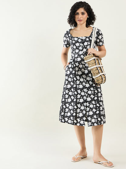 A-line Midi Dress with Side Pocket for Women | Monochrome