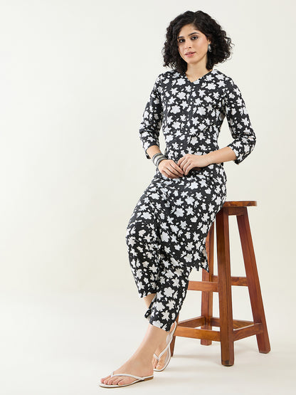 Modern Basics V-Neck Kurta Set for Women | Black & White