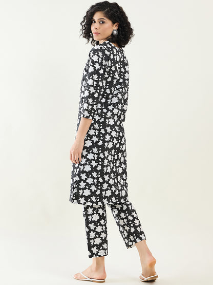 Modern Basics V-Neck Kurta Set for Women | Black & White