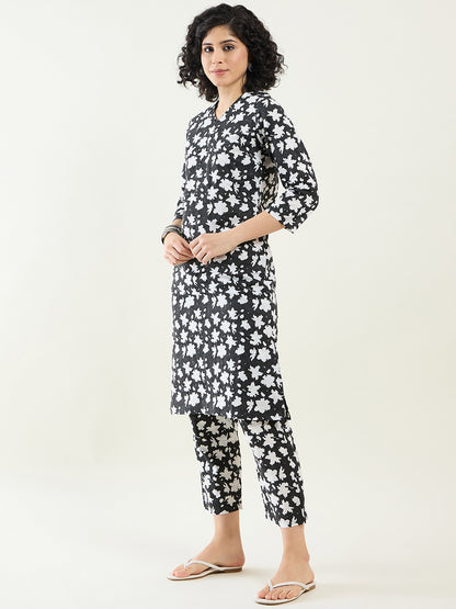 Modern Basics V-Neck Kurta Set for Women | Black & White