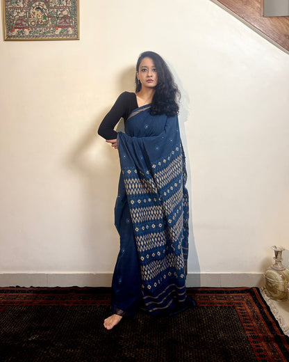 Cotton Silk Sari with Intricate Heavy Pallu | Deep Blue