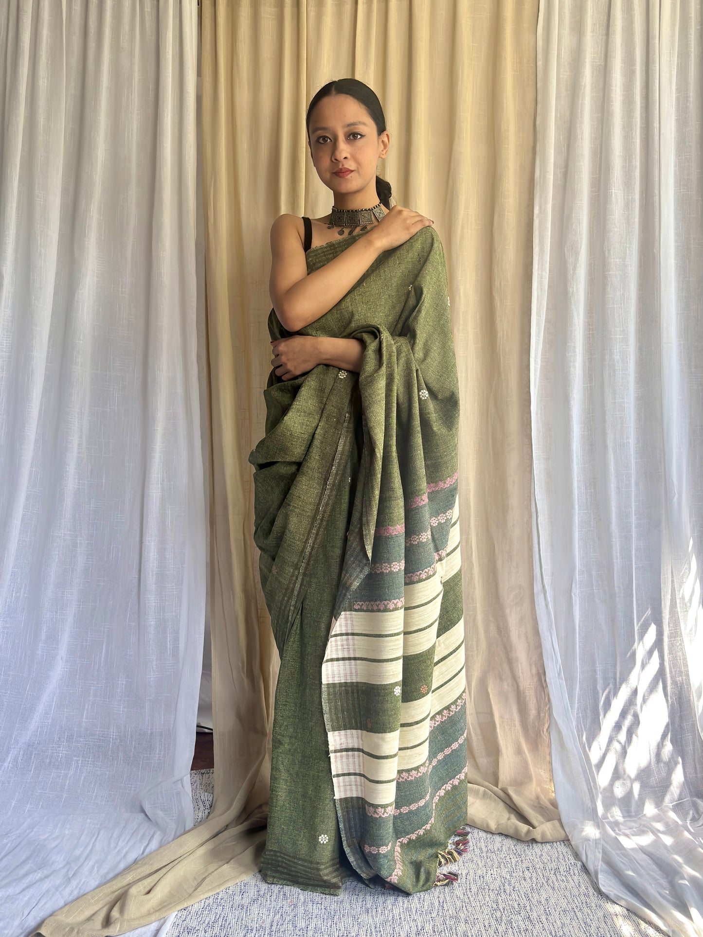 Olive Green Eri Silk Handloom Saree | Pink & White Motifs
