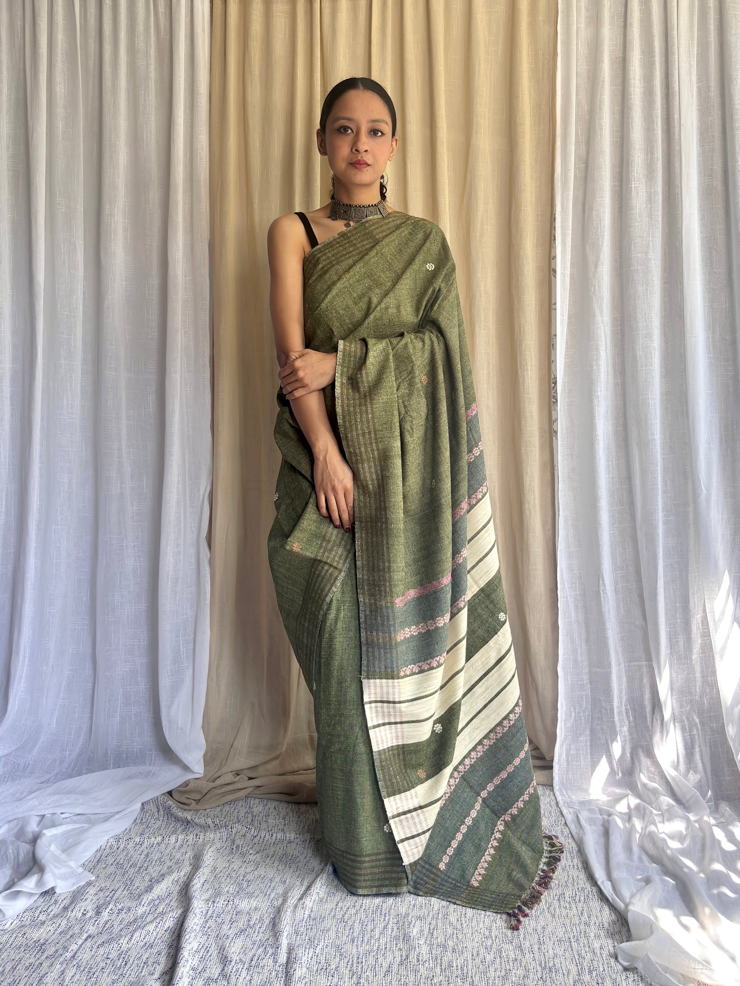 Olive Green Eri Silk Handloom Saree | Pink & White Motifs