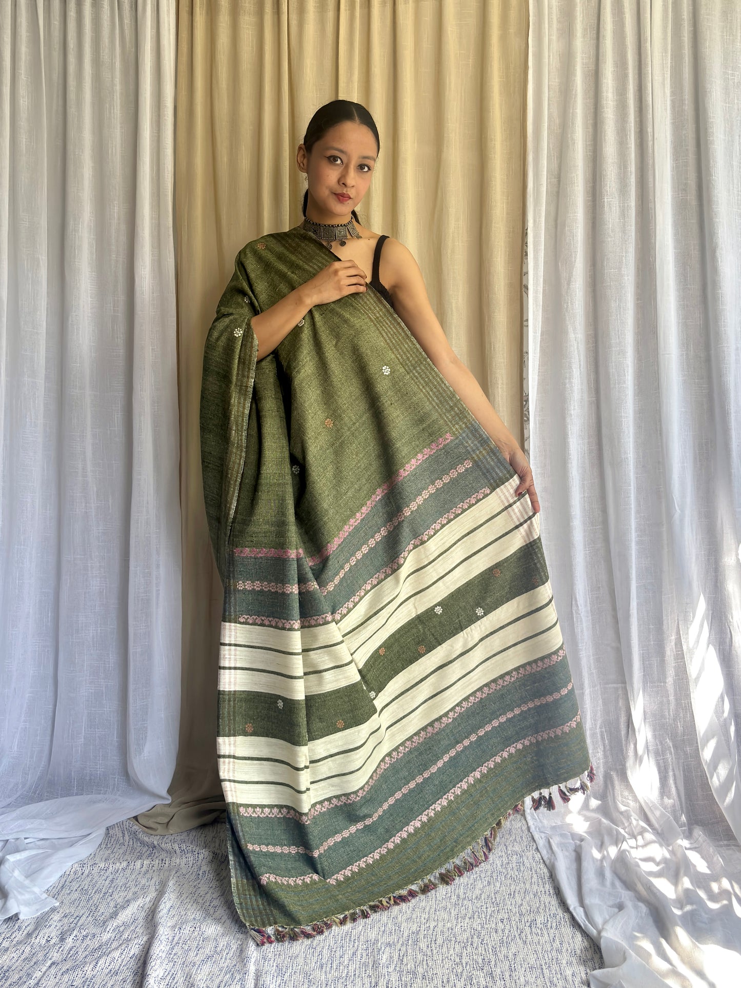Olive Green Eri Silk Handloom Saree | Pink & White Motifs