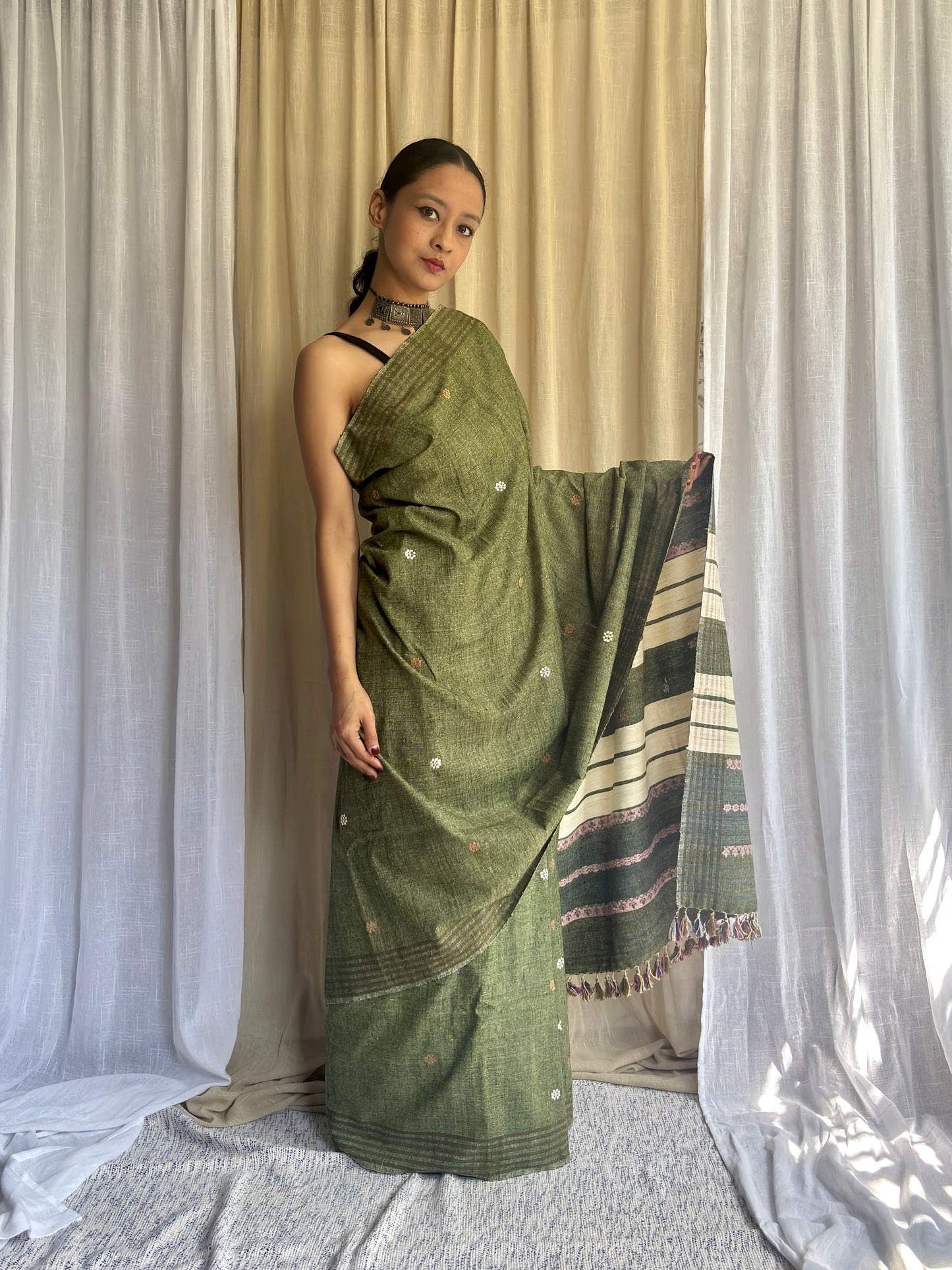 Olive Green Eri Silk Handloom Saree | Pink & White Motifs