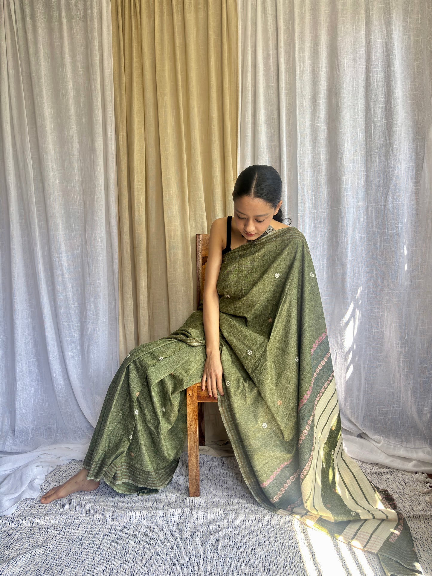 Olive Green Eri Silk Handloom Saree | Pink & White Motifs