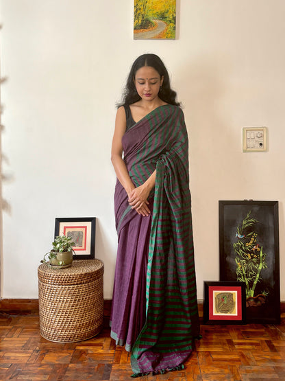 Handwoven Cotton Silk Sari | Deep purple with Green Pallu