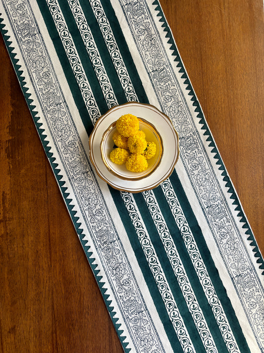 Hand Block Printed Floral Table Runner | Teal Blue
