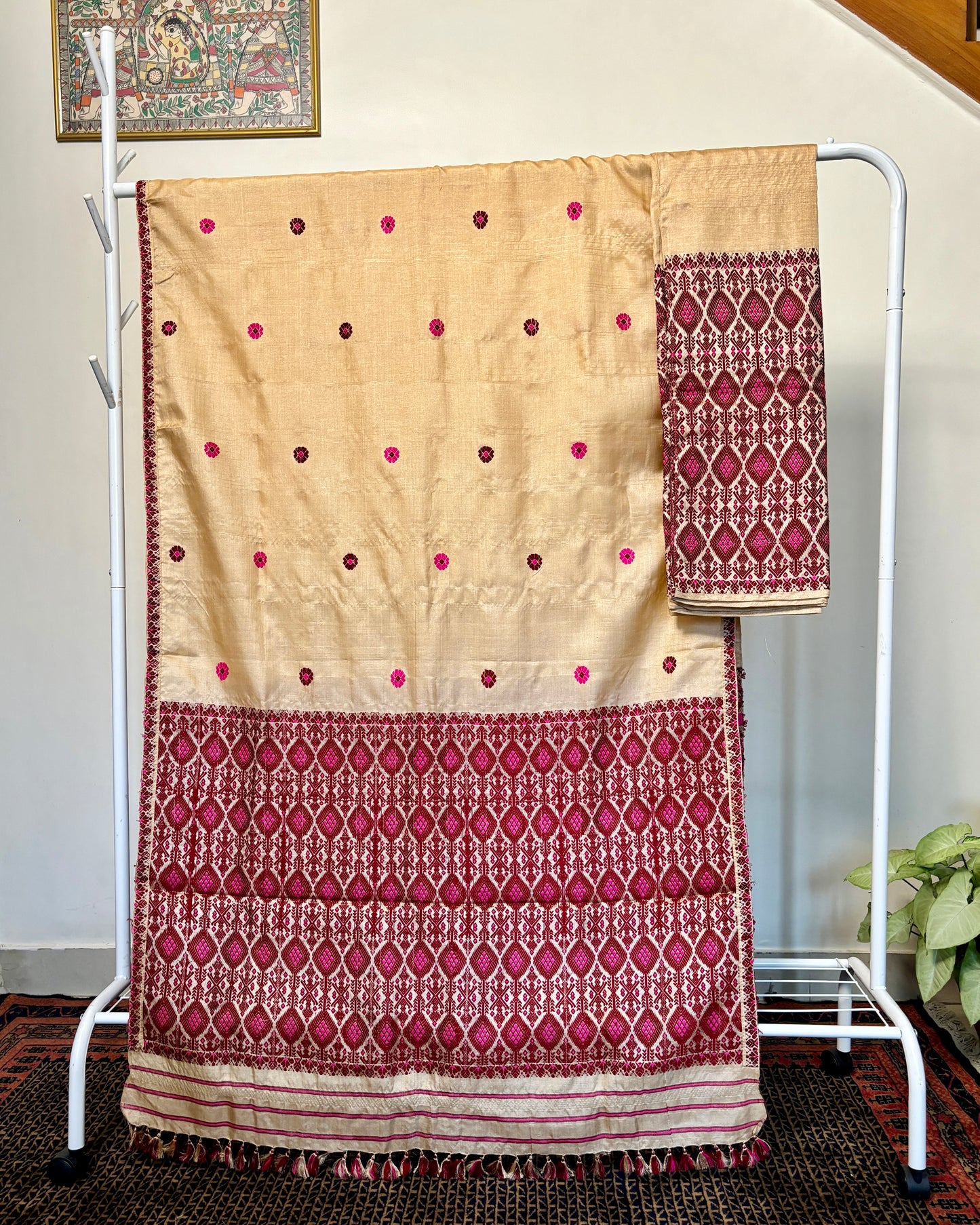 Handloom Tussar Silk Mekhela Sador | Maroon and Gold