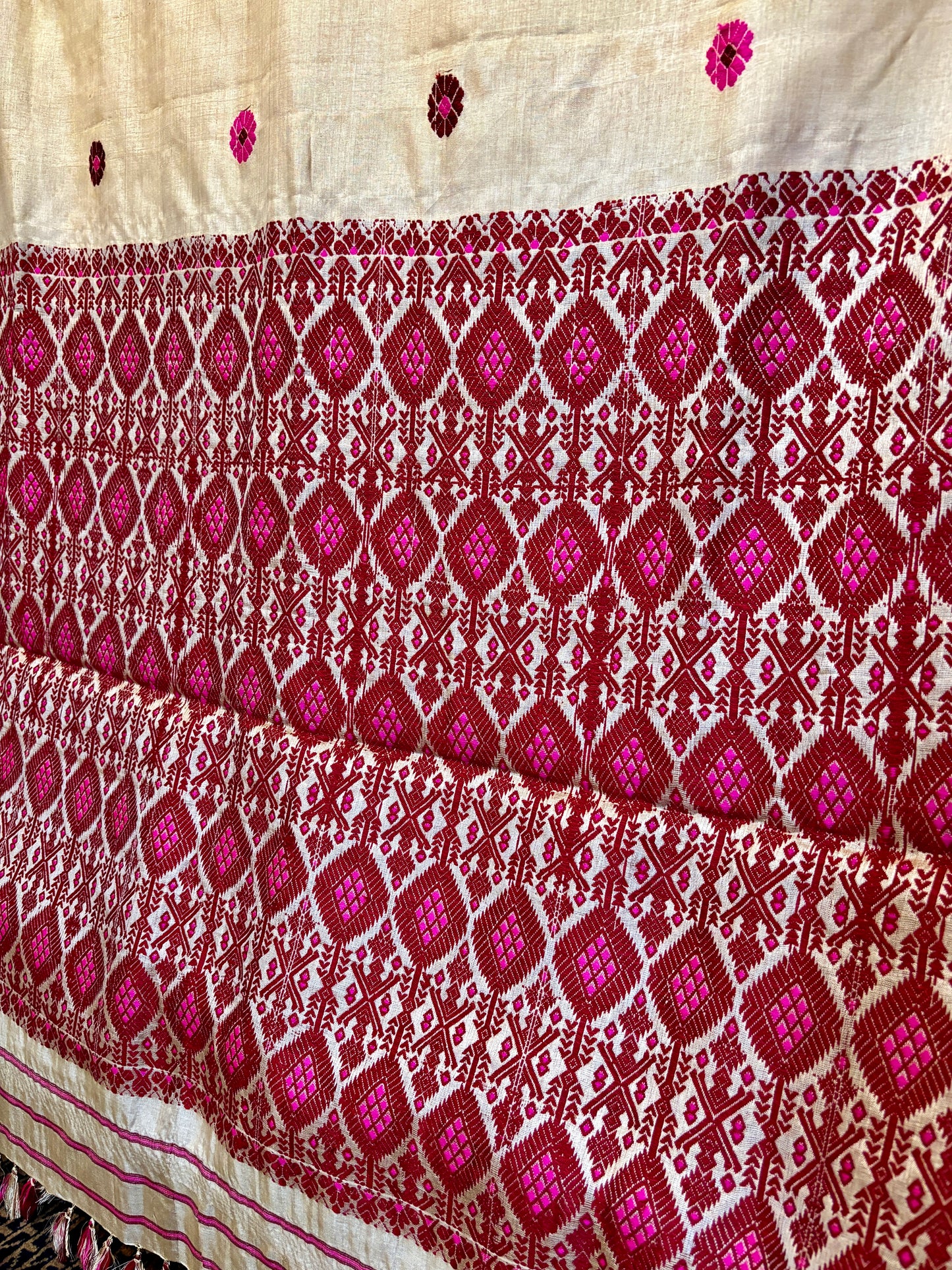 Handloom Tussar Silk Mekhela Sador | Maroon and Gold