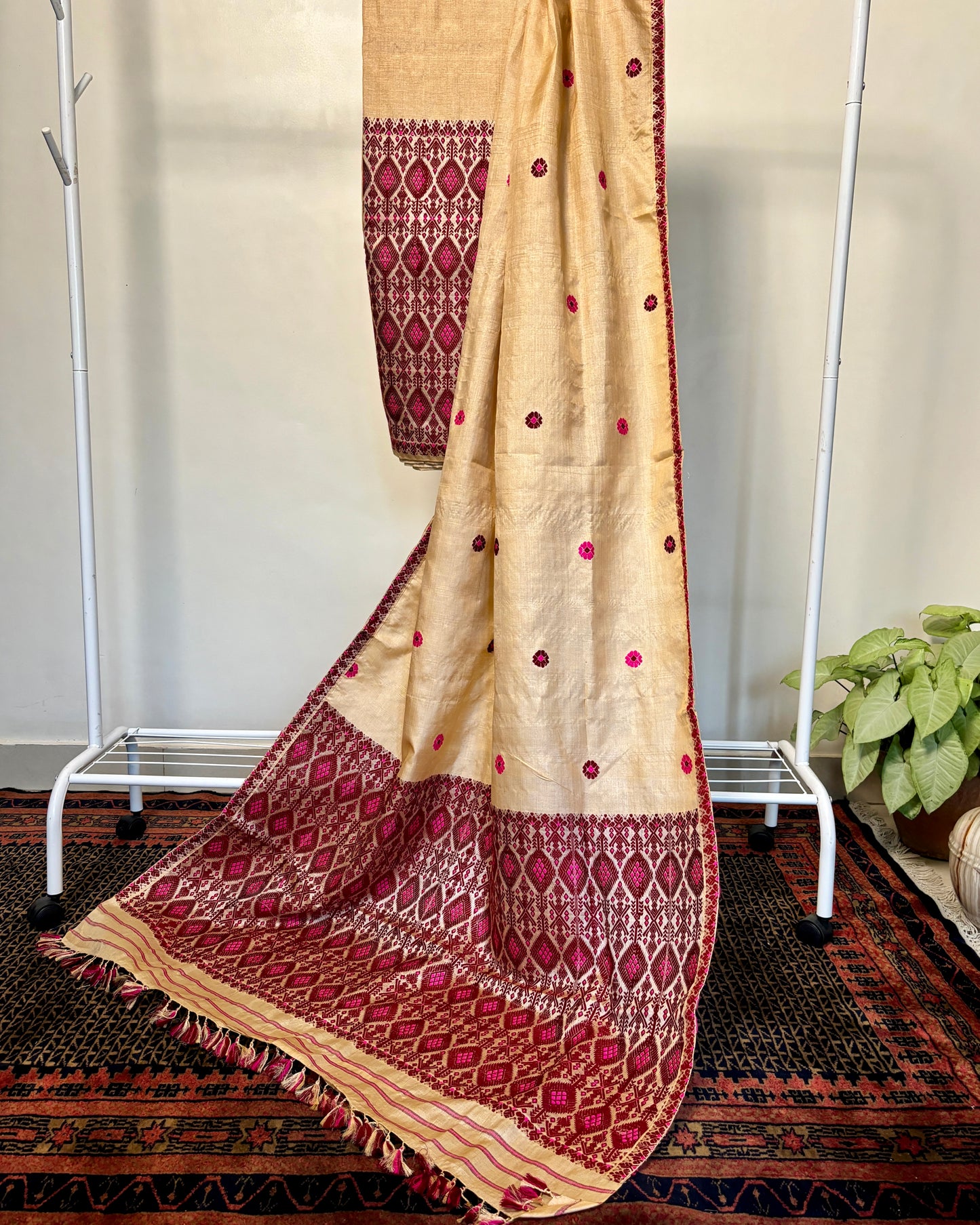 Handloom Tussar Silk Mekhela Sador | Maroon and Gold