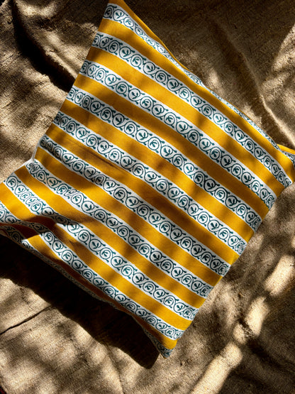 Cotton Cushion Cover | Floral & Geometric Print | Mustard Yellow & Blue