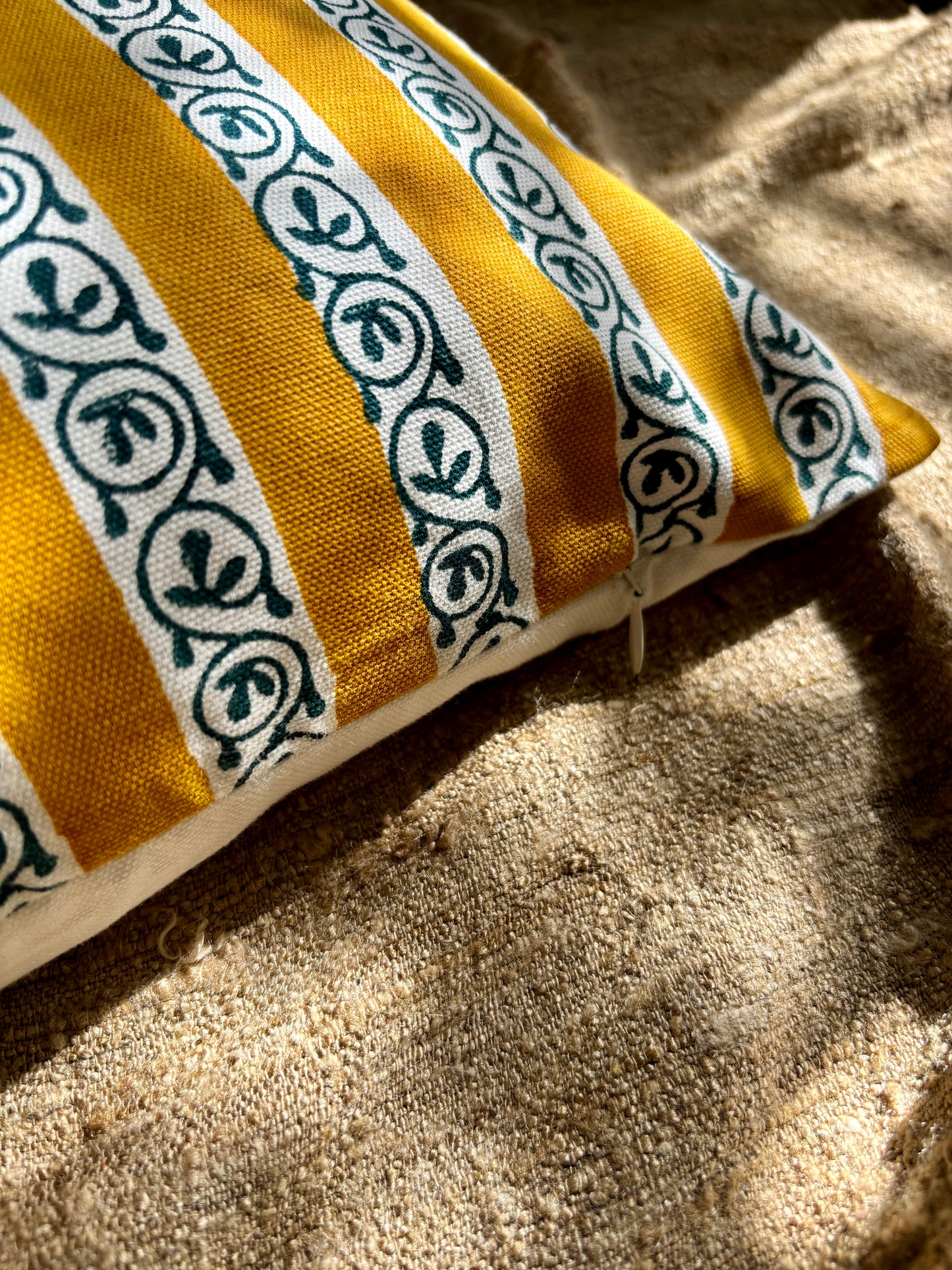 Cotton Cushion Cover | Floral & Geometric Print | Mustard Yellow & Blue
