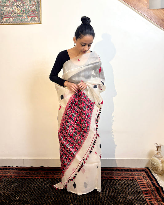 Pure Raw Silk Saree | White with Red & Black Motifs