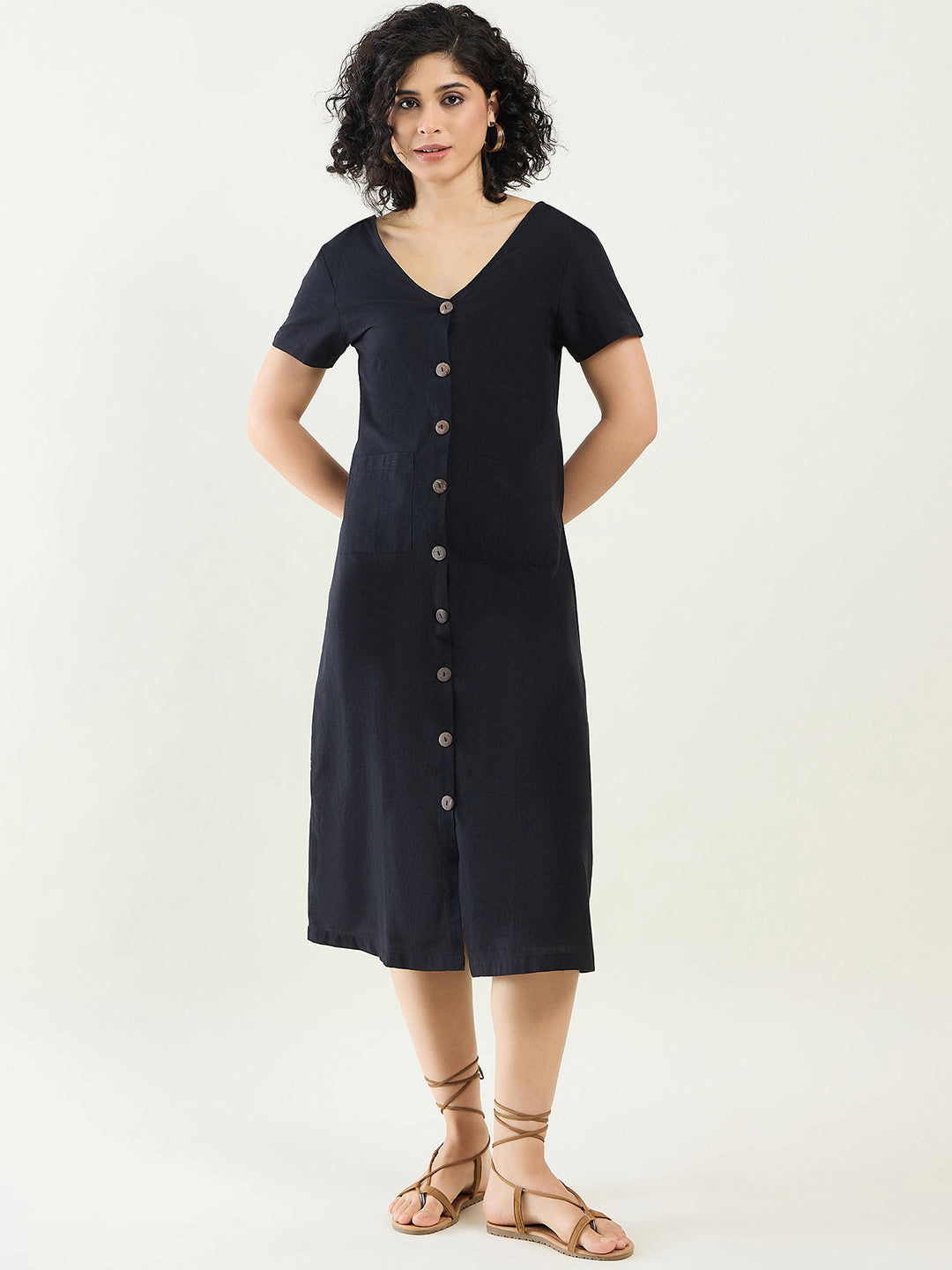 Classic Button-Down Midi Dress with Short Sleeves | Black