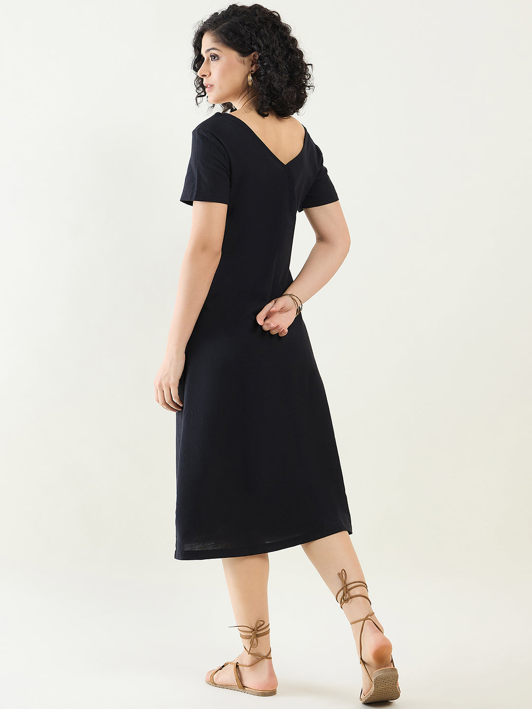Classic Button-Down Midi Dress with Short Sleeves | Black