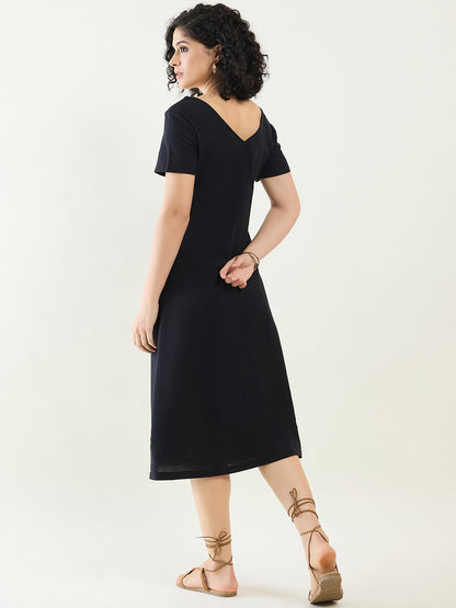 Classic Button-Down Midi Dress with Short Sleeves | Black
