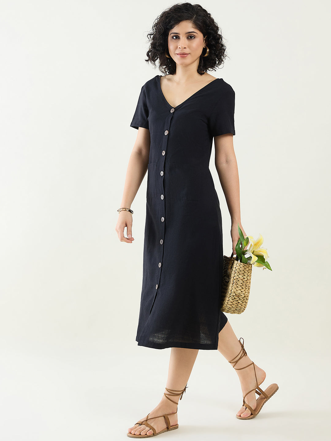 Classic Button-Down Midi Dress with Short Sleeves | Black
