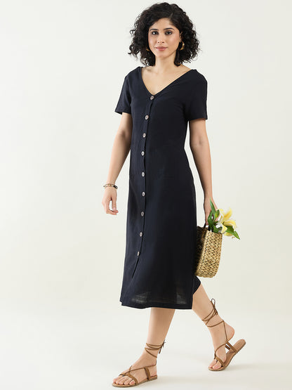Classic Button-Down Midi Dress with Short Sleeves | Black