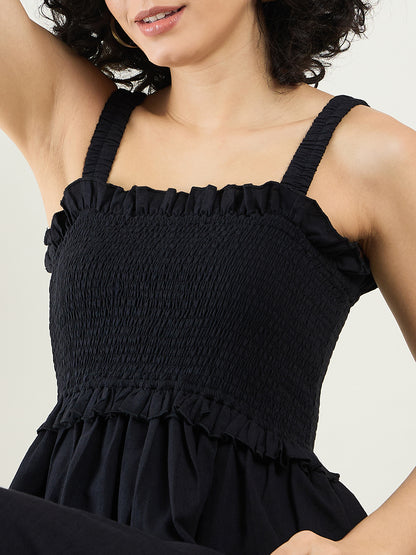 Smocked Midi Dress with Ruffle Detail | Black