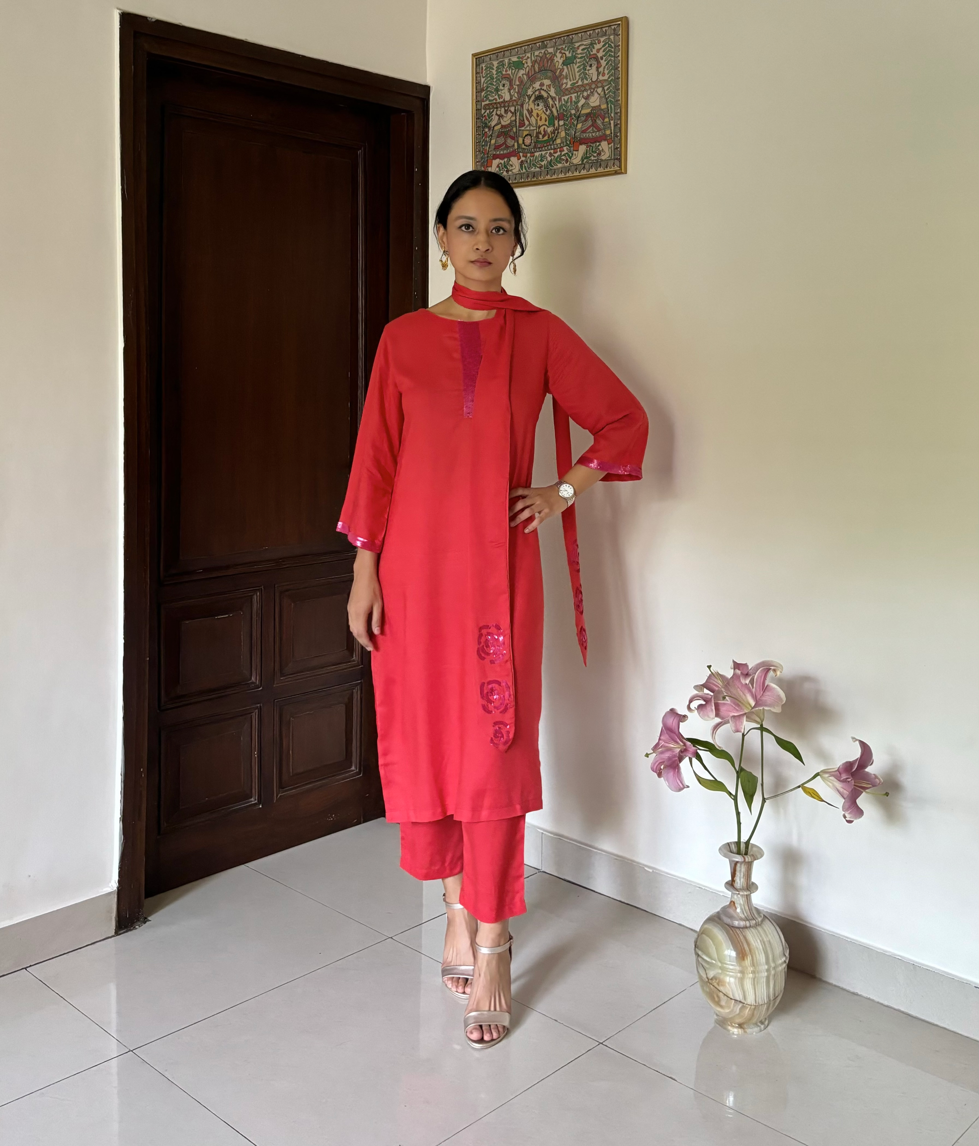 3/4th Sleeve Round Neck Kurta Set in Cherry Red