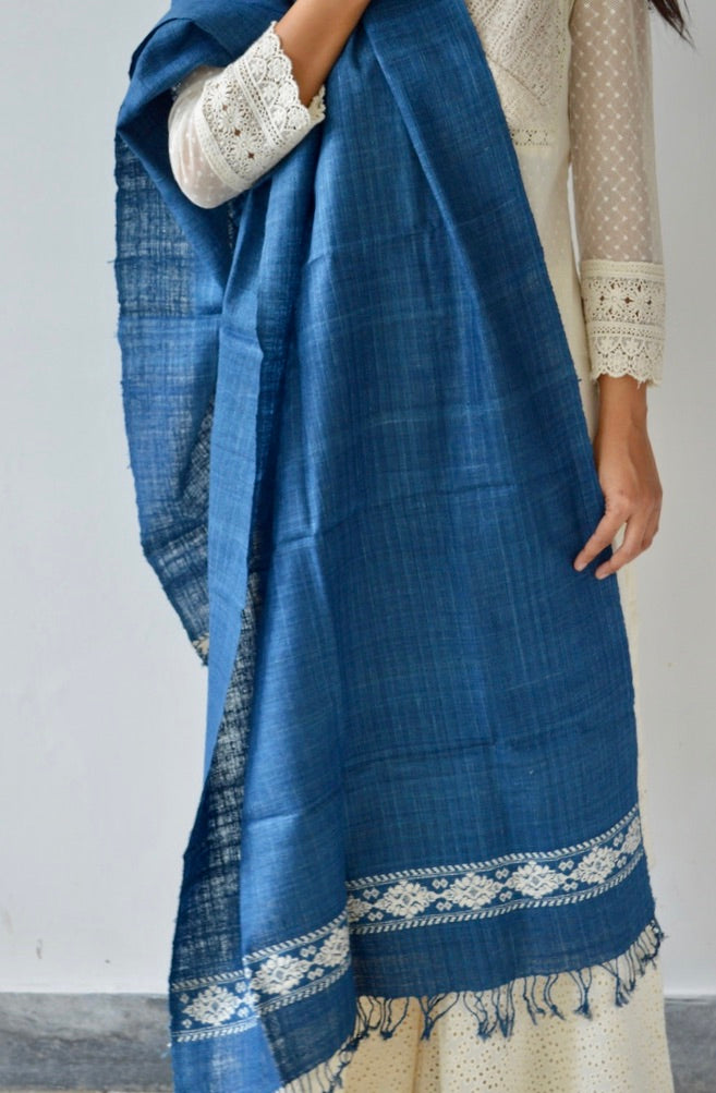 Handwoven blue Eri silk scarf with white border