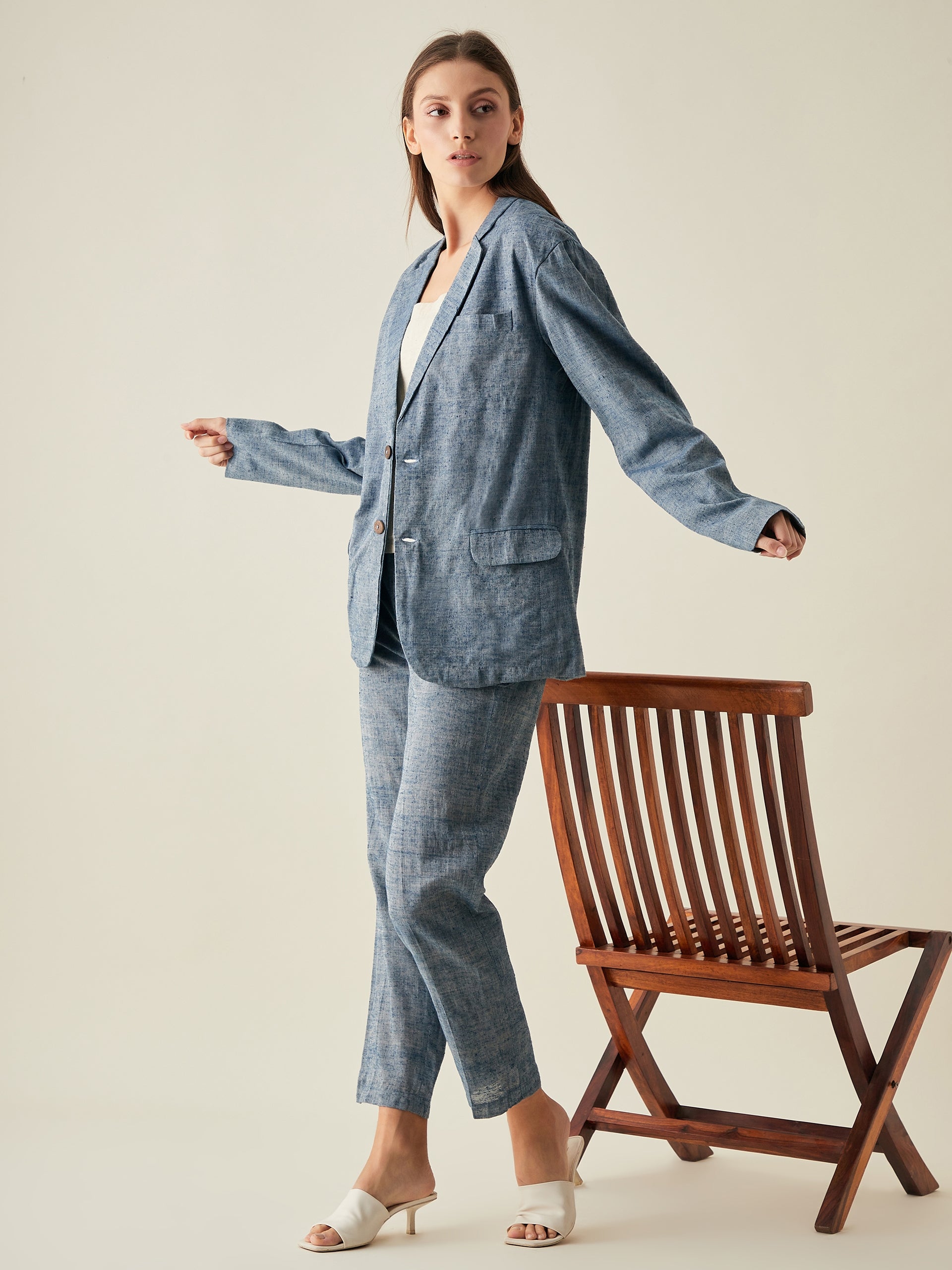 Straight Fit Silk-Cotton Blue Trousers for Women