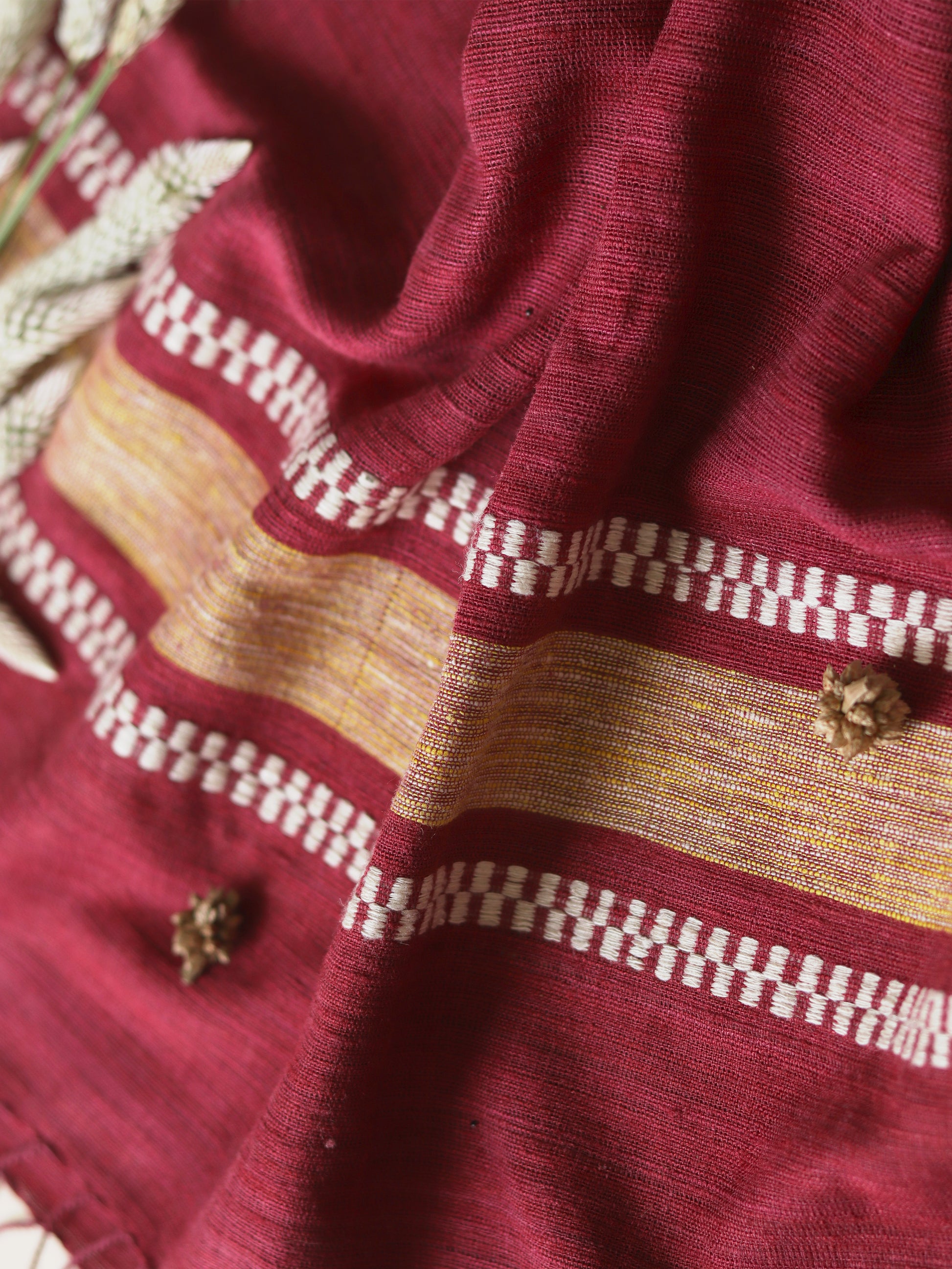 Ahimsa Silk Scarf in red with yellow geometric border