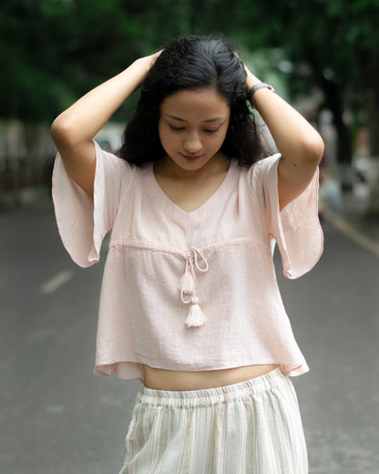 Pink cotton top with flared half sleeves for women